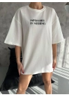Bisiklet Yaka Baskılı Oversize T-Shirt - Beyaz -