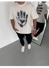 Bisiklet Yaka Baskılı Oversize T-Shirt - Beyaz -