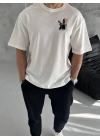 Bisiklet Yaka Baskılı Oversize T-Shirt - Beyaz -