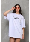 Bisiklet Yaka Baskılı Oversize T-Shirt - Beyaz -