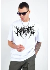 Bisiklet Yaka Baskılı Oversize T-Shirt - Beyaz -