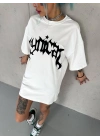 Bisiklet Yaka Baskılı Oversize T-Shirt - Beyaz -