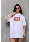 Bisiklet Yaka Baskılı Oversize T-Shirt - Beyaz -