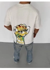 Bisiklet Yaka Baskılı Oversize T-Shirt - Beyaz -