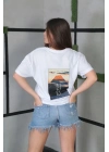 Bisiklet Yaka Baskılı Oversize T-Shirt- Beyaz -