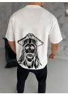 Bisiklet Yaka Baskılı Oversize T-Shirt - Beyaz -