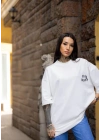 Bisiklet Yaka Baskılı Oversize T-Shirt - Beyaz -
