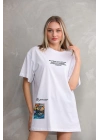 Bisiklet Yaka Baskılı Oversize T-Shirt - Beyaz -