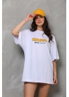 Bisiklet Yaka Baskılı Oversize T-Shirt - Beyaz -