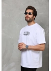 Bisiklet Yaka Baskılı Oversize T-Shirt - Beyaz -