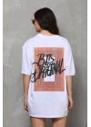 Bisiklet Yaka Baskılı Oversize T-Shirt - Beyaz -
