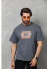 Bisiklet Yaka Baskılı Oversize T-Shirt - Füme -