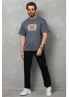 Bisiklet Yaka Baskılı Oversize T-Shirt - Füme -