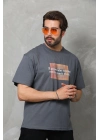 Bisiklet Yaka Baskılı Oversize T-Shirt - Füme -