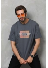 Bisiklet Yaka Baskılı Oversize T-Shirt - Füme -