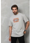 Bisiklet Yaka Baskılı Oversize T-Shirt - Gri -