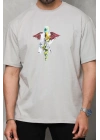 Bisiklet Yaka Baskılı Oversize T-Shirt - Gri -