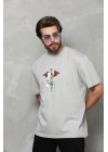 Bisiklet Yaka Baskılı Oversize T-Shirt - Gri -