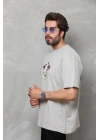 Bisiklet Yaka Baskılı Oversize T-Shirt - Gri -