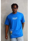 Bisiklet Yaka Baskılı Oversize T-Shirt - Mavi -