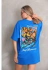 Bisiklet Yaka Baskılı Oversize T-Shirt - Mavi -