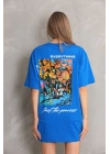 Bisiklet Yaka Baskılı Oversize T-Shirt - Mavi -