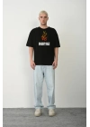 Bisiklet Yaka Baskılı Oversize T-Shirt - Siyah -