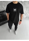 Bisiklet Yaka Baskılı Oversize T-Shirt - Siyah -