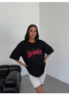 Bisiklet Yaka Baskılı Oversize T-Shirt - Siyah -