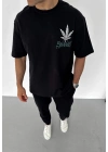 Bisiklet Yaka Baskılı Oversize T-Shirt - Siyah -