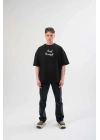 Bisiklet Yaka Baskılı Oversize T-Shirt - Siyah -