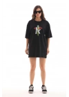 Bisiklet Yaka Baskılı Oversize T-Shirt - Siyah -