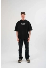 Bisiklet Yaka Baskılı Oversize T-Shirt - Siyah -