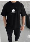 Bisiklet Yaka Baskılı Oversize T-Shirt - Siyah -
