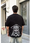 Bisiklet Yaka Baskılı Oversize T-Shirt - Siyah -