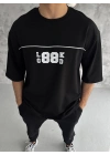 Bisiklet Yaka Baskılı Oversize T-Shirt - Siyah -