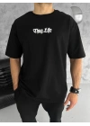 Bisiklet Yaka Baskılı Oversize T-Shirt - Siyah -