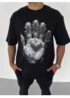 Bisiklet Yaka Baskılı Oversize T-Shirt - Siyah -