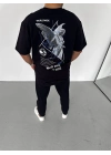 Bisiklet Yaka Baskılı Oversize T-Shirt - Siyah -