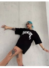 Bisiklet Yaka Baskılı Oversize T-Shirt - Siyah -