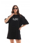 Bisiklet Yaka Baskılı Oversize T-Shirt - Siyah -