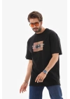 Bisiklet Yaka Baskılı Oversize T-Shirt - Siyah -
