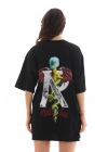 Bisiklet Yaka Baskılı Oversize T-Shirt - Siyah -