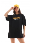Bisiklet Yaka Baskılı Oversize T-Shirt - Siyah -