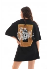 Bisiklet Yaka Baskılı Oversize T-Shirt - Siyah -