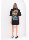Bisiklet Yaka Baskılı Oversize T-Shirt - Siyah -