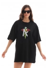 Bisiklet Yaka Baskılı Oversize T-Shirt - Siyah -