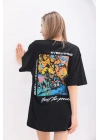 Bisiklet Yaka Baskılı Oversize T-Shirt - Siyah -