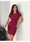 Bisiklet Yaka Kısa Kol Likralı Elbise - Bordo -