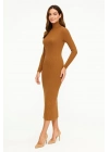 Boğazlı Triko Elbise - Kahverengi -